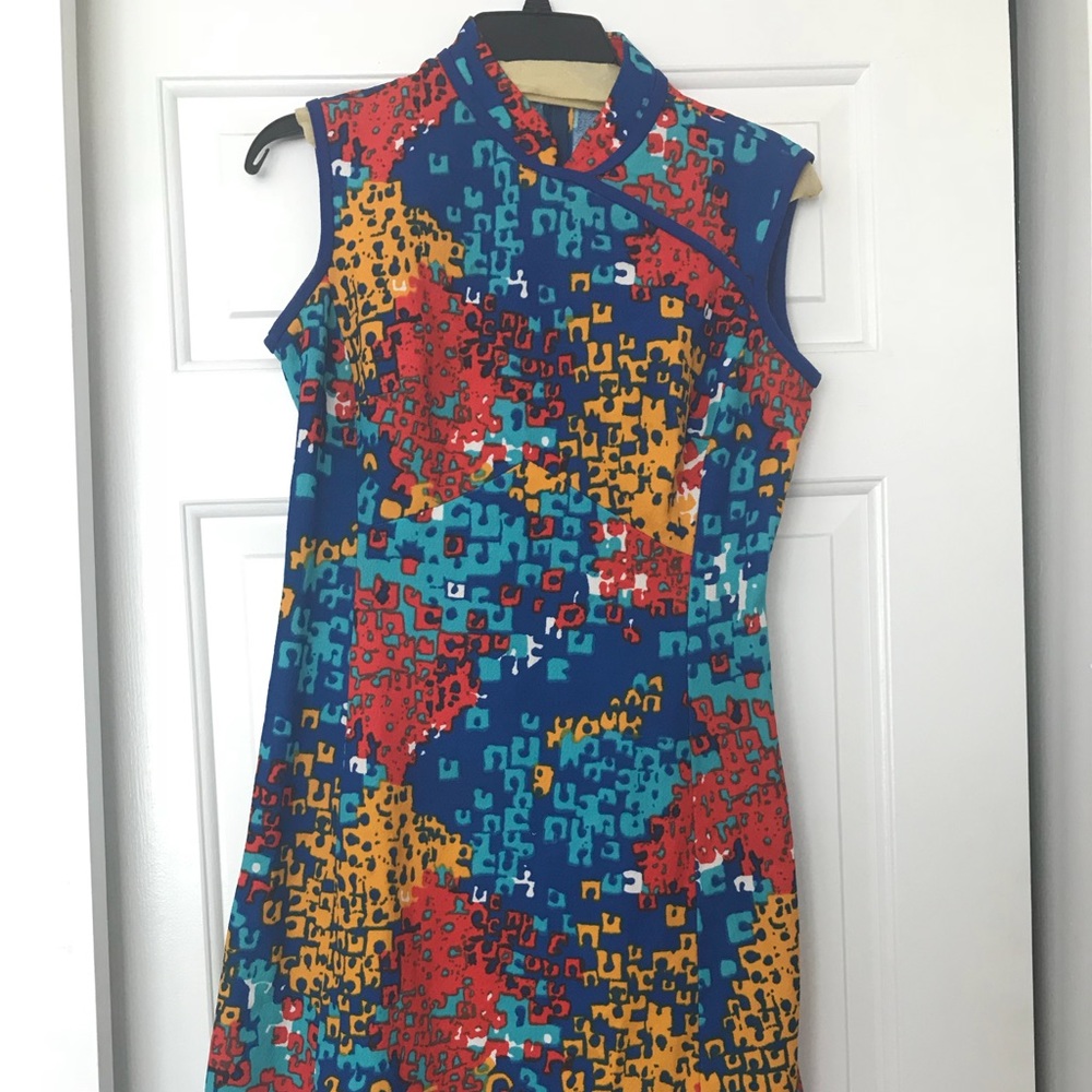 Vintage! Bright High Neck Pencil Midi Dress Sz 12